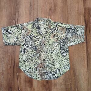 VTG Caribou Women's XL Button Up Shirt Blouse Leopard Print Lion Zebra‎ Zoo AOP